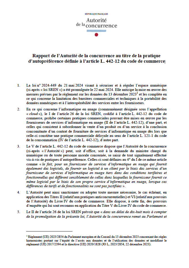 Rapport de l’Autorité de la concurrence au titre de la pratique d’autopréférence définie à l’article L. 442-12 du code de commerce