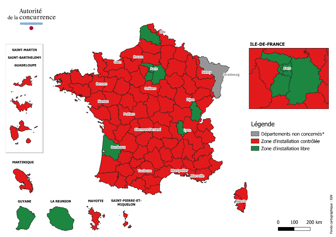 carte des zones d'installation pour les commissaires de justice