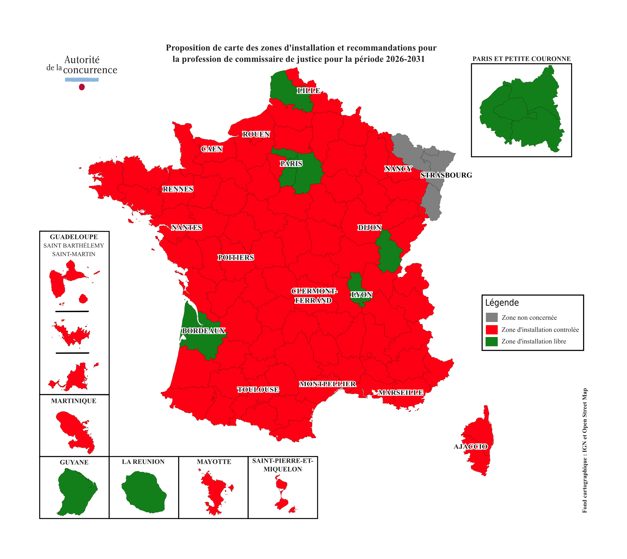carte des zones d'installation pour les commissaires de justice