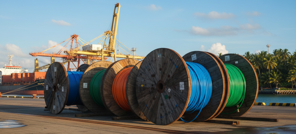 Photo de cables électriques sur un port des DROM