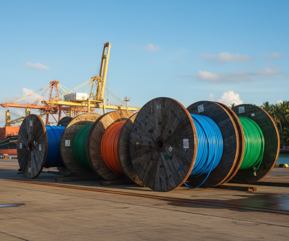 Photo de cables électriques sur un port des DROM